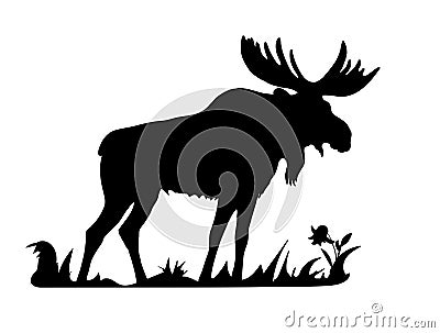Vector isolated image of a black silhouette standing in the grass of a lone elk Vector Illustration